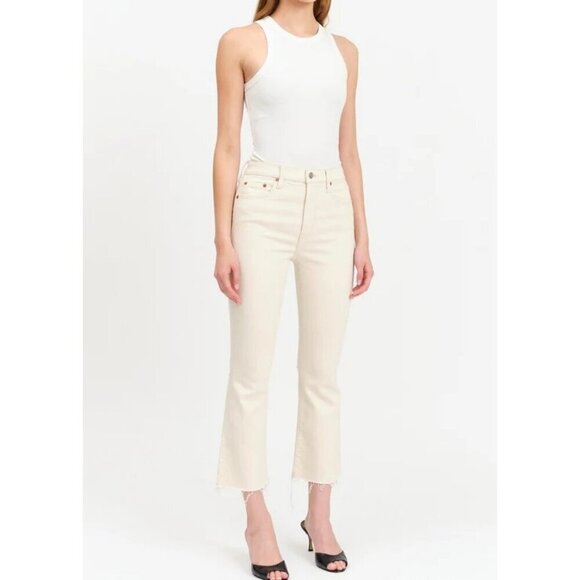 NWT Daze Shy Girl In Raw Cut-Off High Rise Crop Flare Jeans Beige Womens 31 - Picture 2 of 16